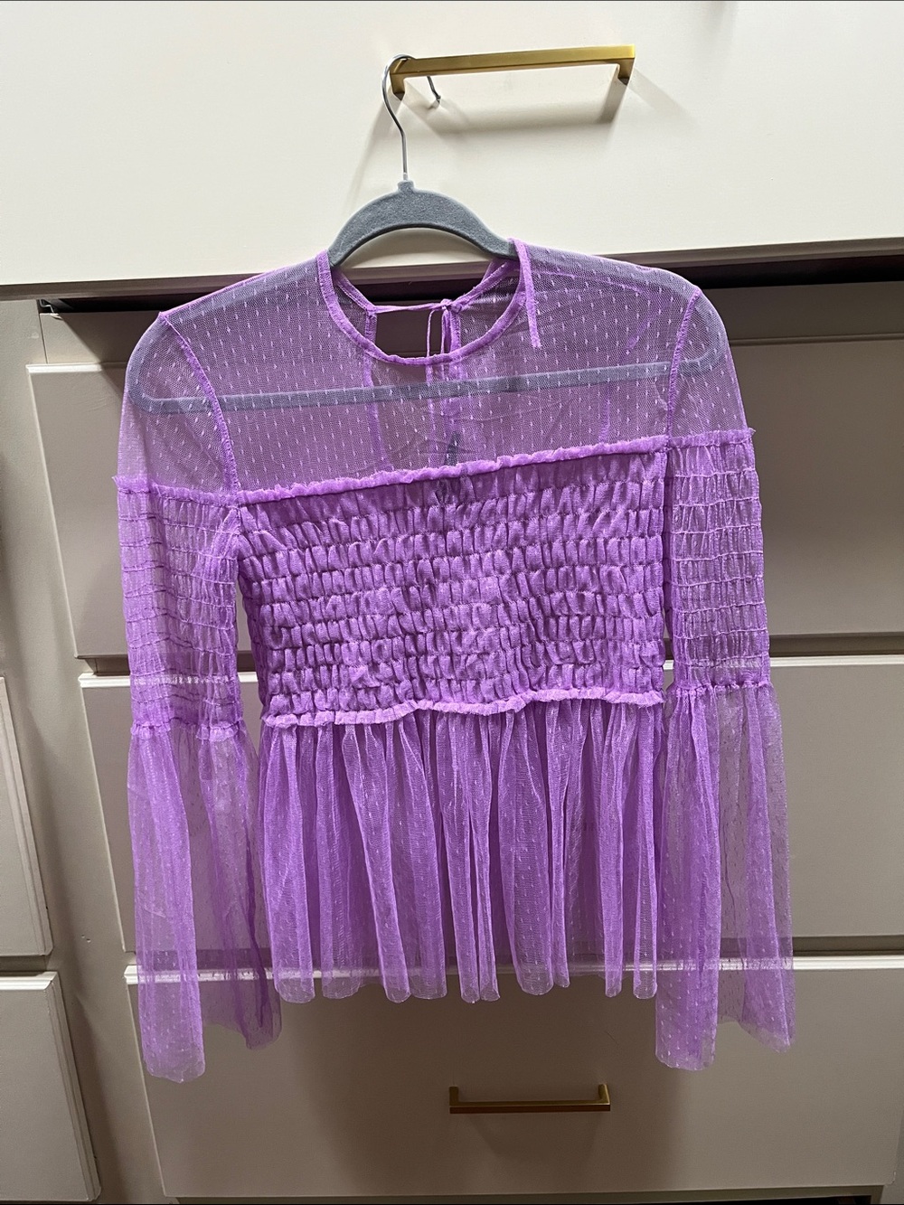 Romeo and Juliet Brand Sheer Lilac Mesh Smocked Peplum Top